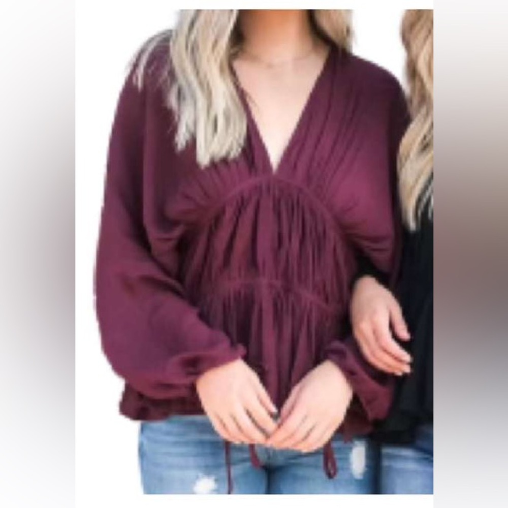 Favlux Burgundy Deep V-Neck Ruched Peasant Blouse